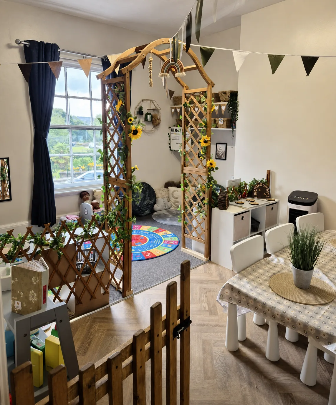 A bright and welcoming nursery room with several child-friendly learning areas