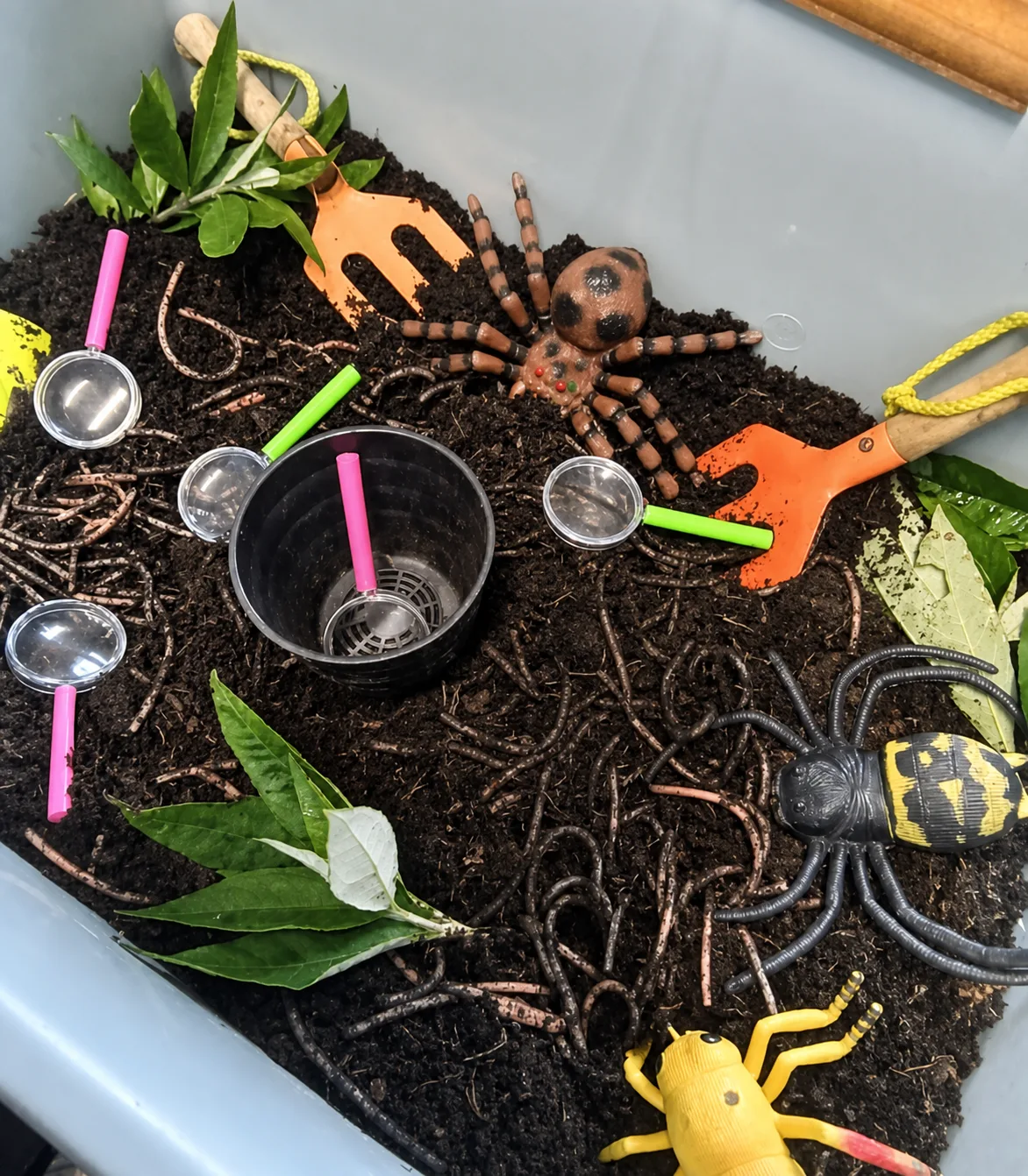 A minibeast sensory tray with soil, toy insects, leaves, scoops and containers